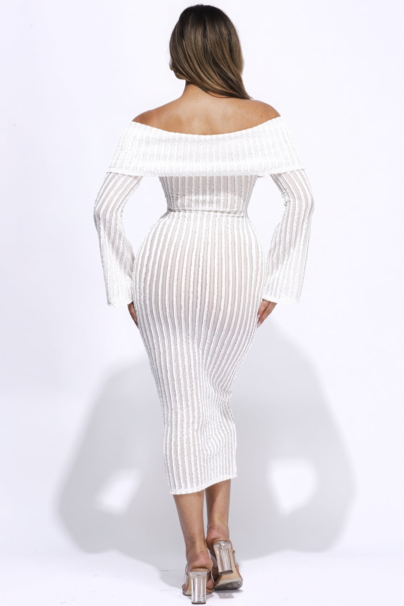 Ruffled Fabric Off Shoulder Midi Dress With Flared Sleeve - Body By J'ne