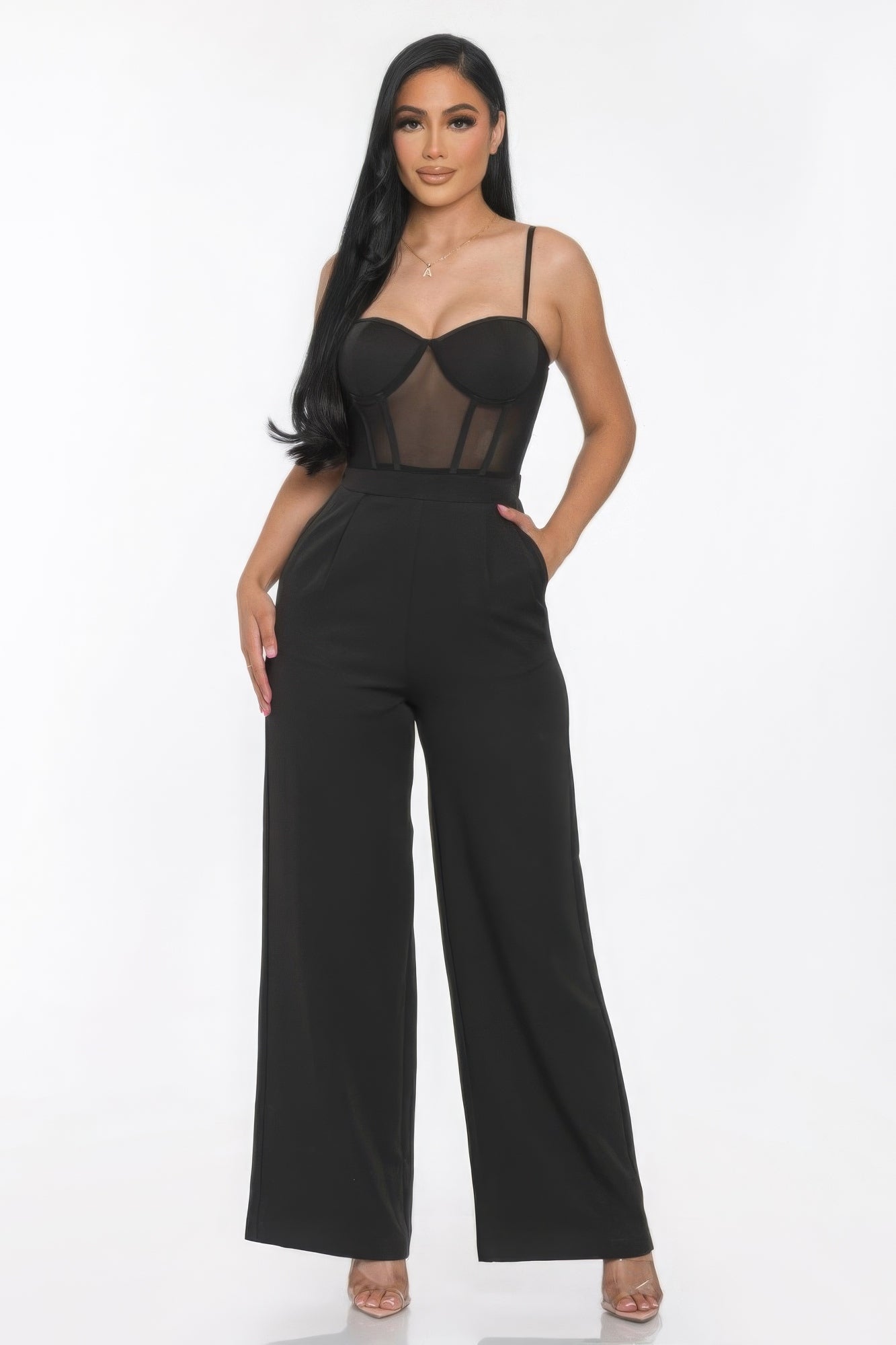 Mesh Insert Cup Wide Leg Jumpsuit - Body By J'ne