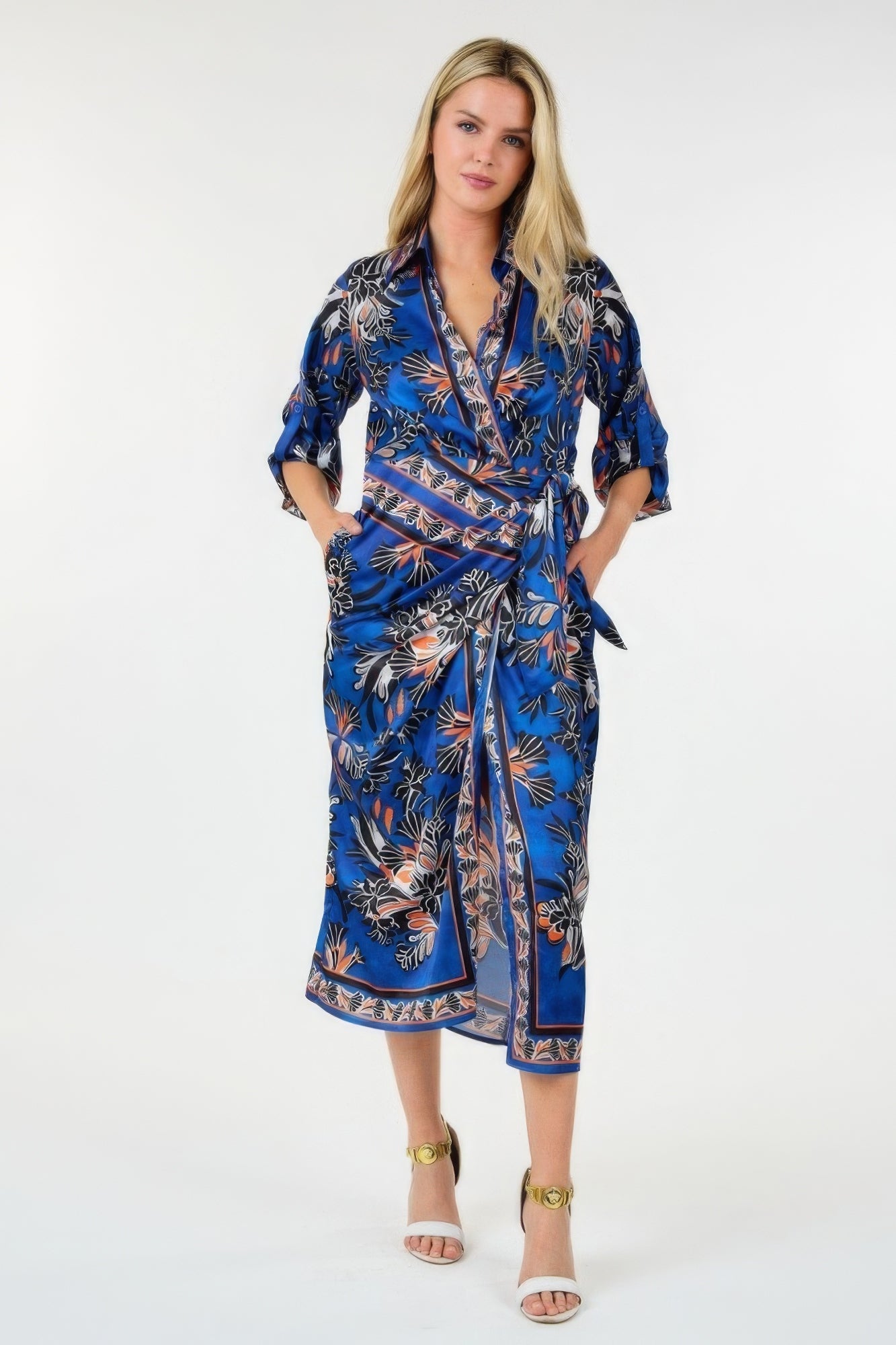 Wrap Front 3/4 Sleeve Printed Dress - Body By J'ne