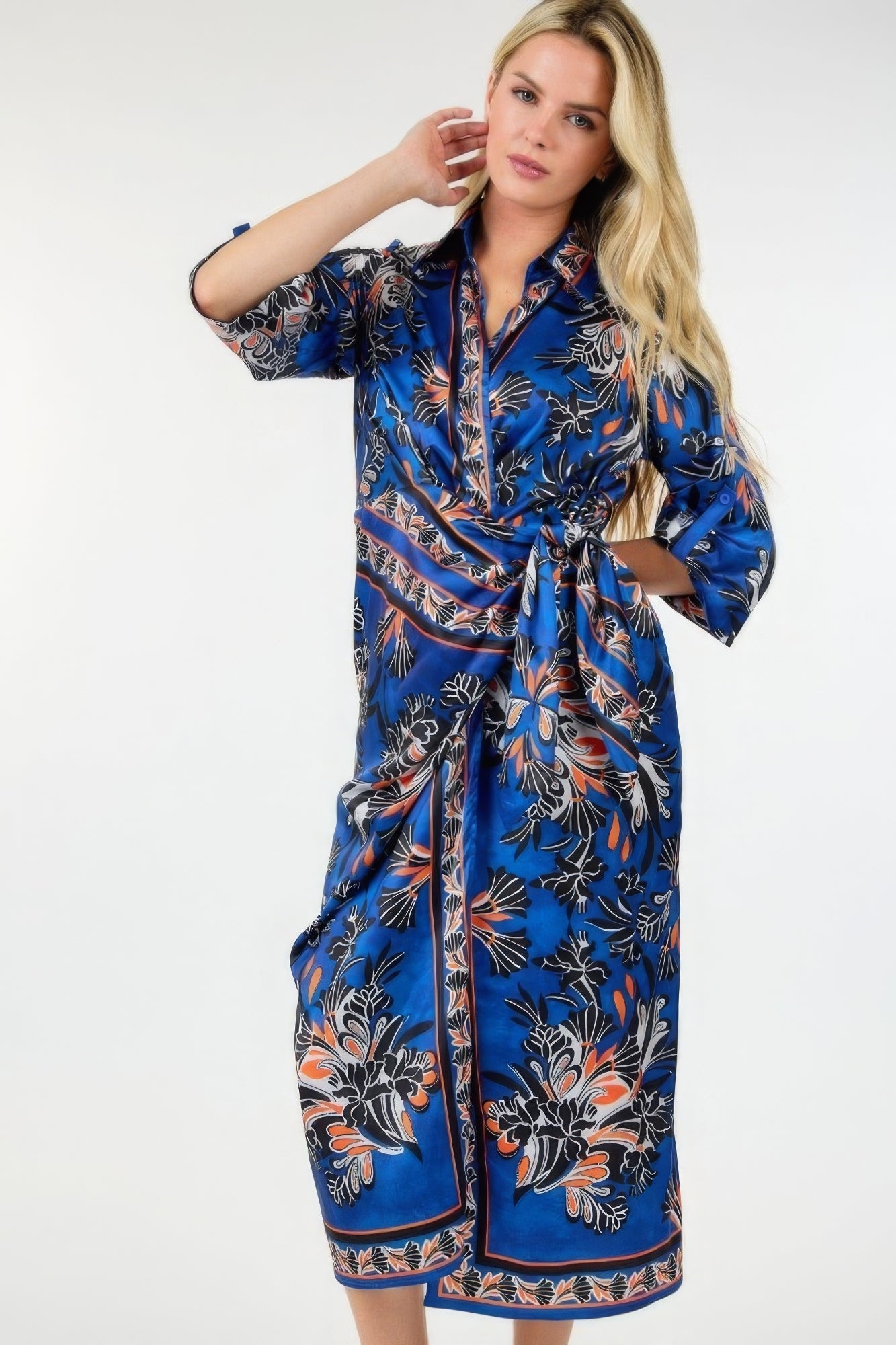 Wrap Front 3/4 Sleeve Printed Dress - Body By J'ne