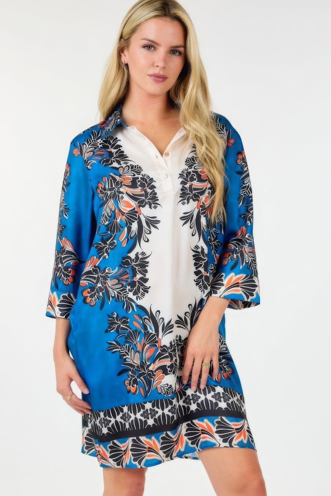 Multi Colored Collar Neck 3/4 Sleeve Dress - Body By J'ne