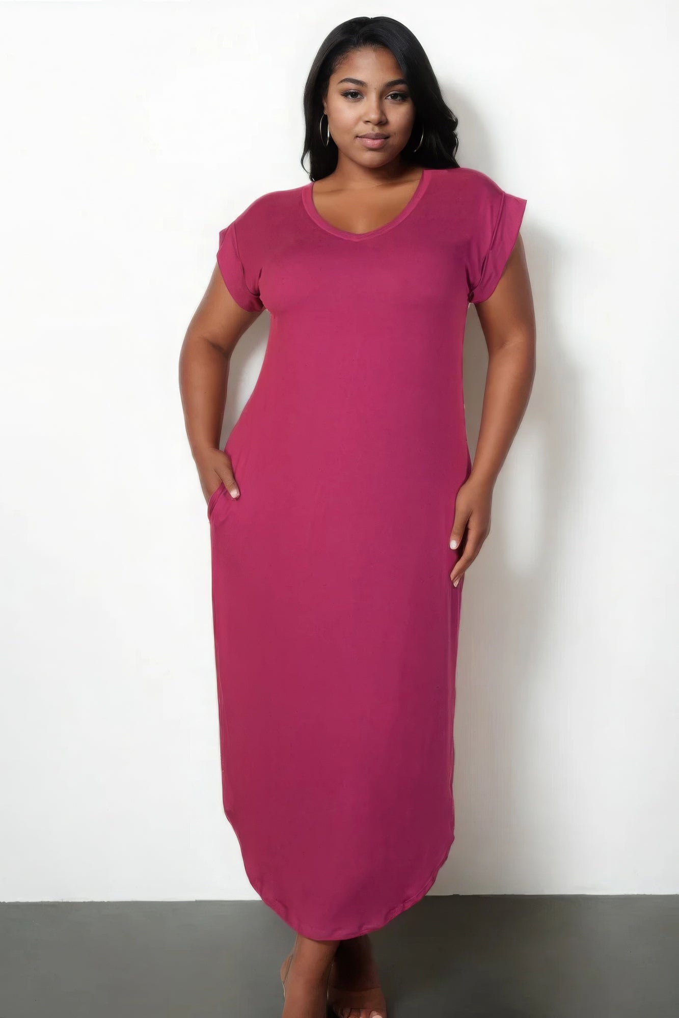 Plus Size Hidden Pocket Batwing Sleeve V Neck Long Dress - Body By J'ne