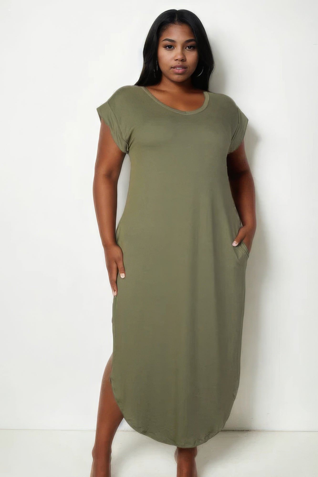 Plus Size Hidden Pocket Batwing Sleeve V Neck Long Dress - Body By J'ne