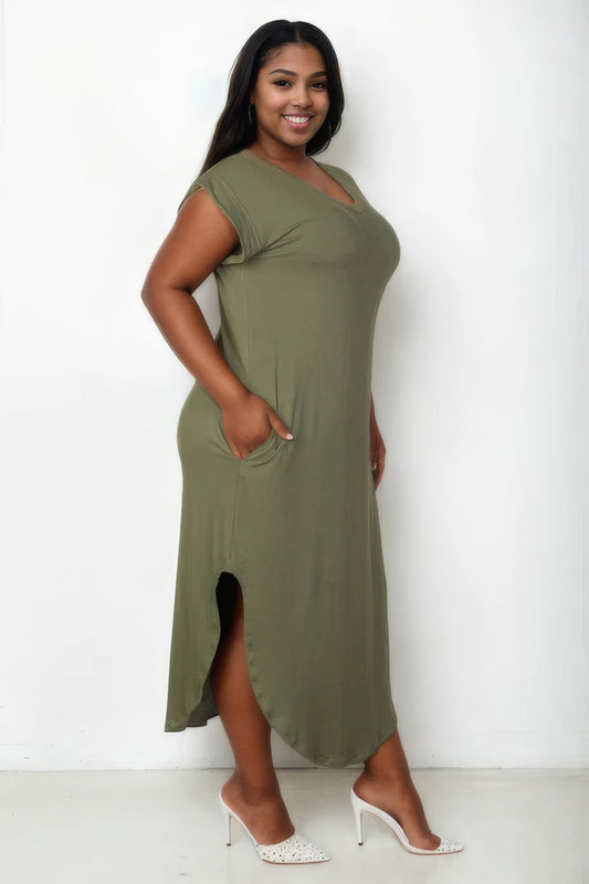 Plus Size Hidden Pocket Batwing Sleeve V Neck Long Dress - Body By J'ne