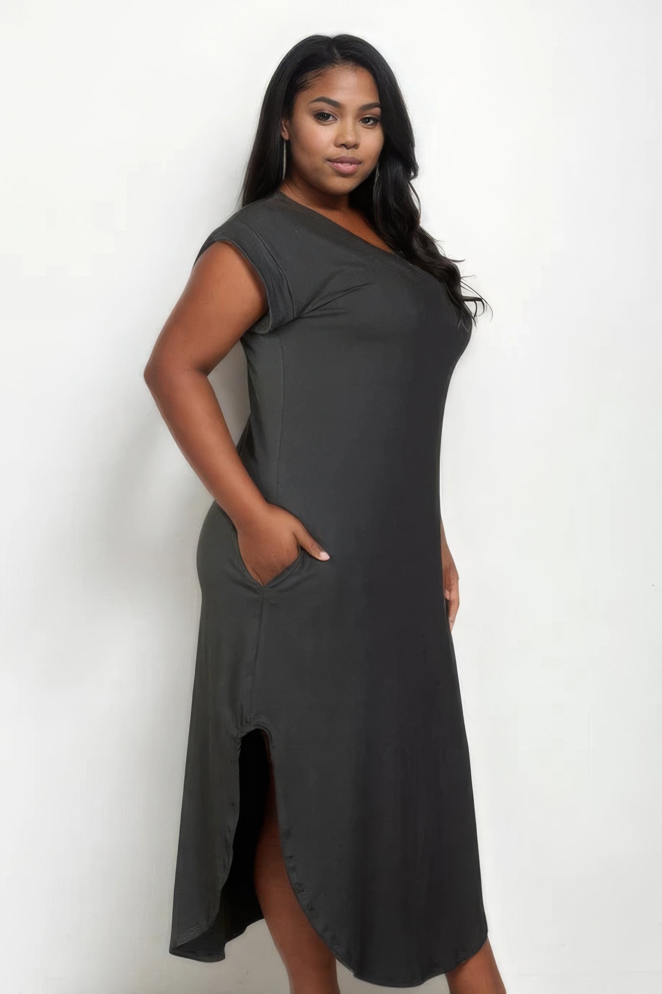 Plus Size Hidden Pocket Batwing Sleeve V Neck Long Dress - Body By J'ne