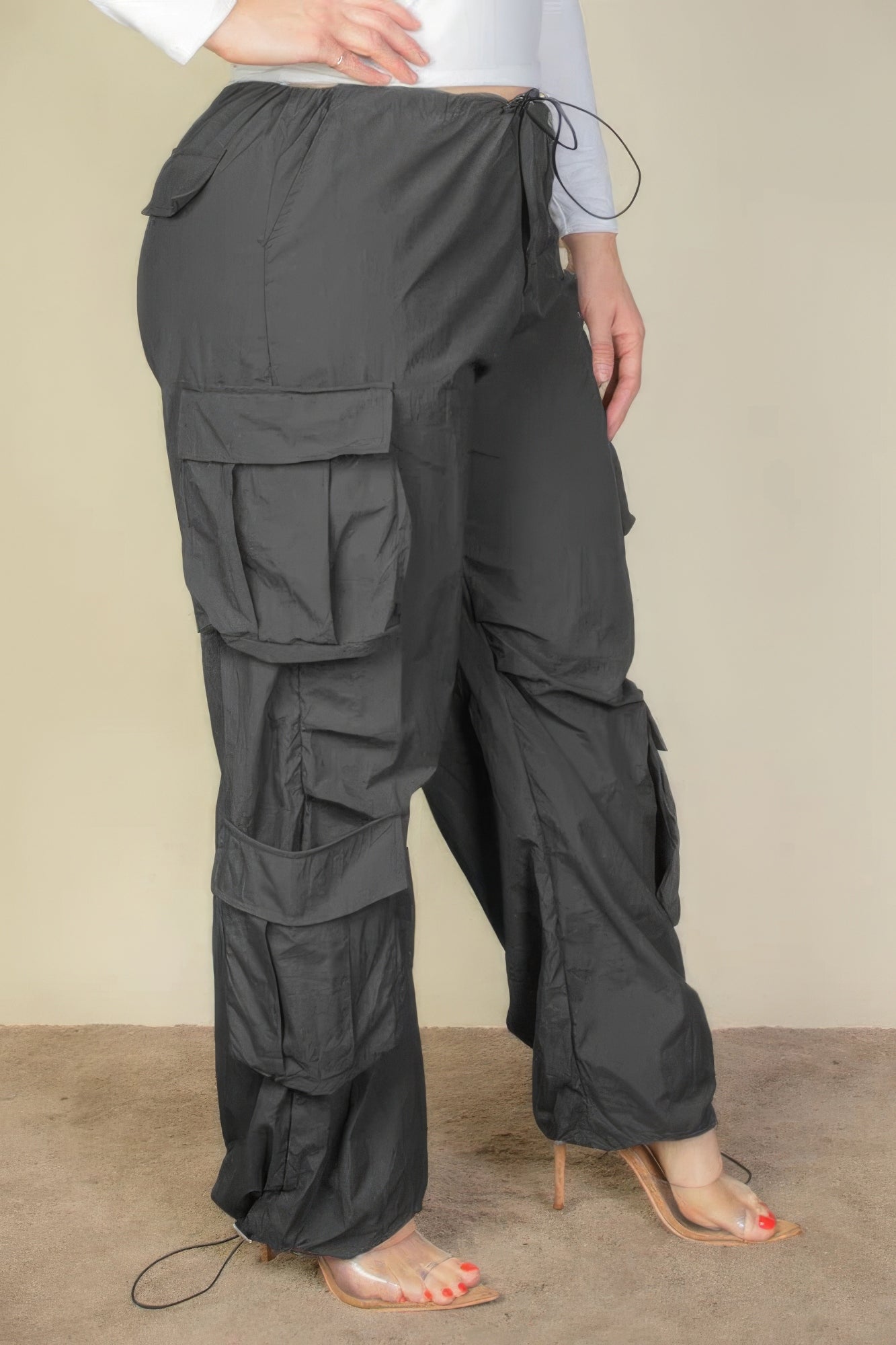 Plus Size Flap Pockets Drawstring Ruched Parachute Pants - Body By J'ne