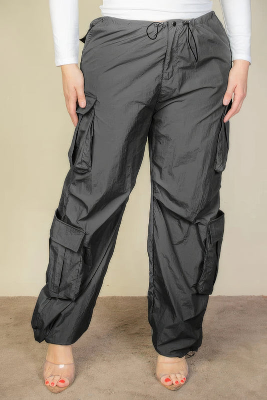 Plus Size Flap Pockets Drawstring Ruched Parachute Pants - Body By J'ne