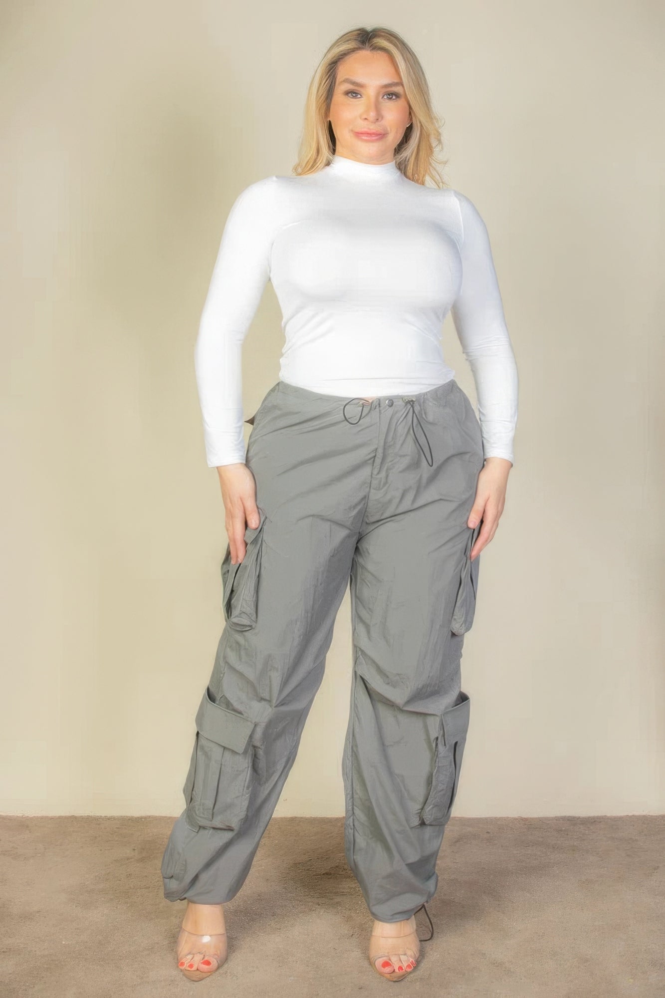 Plus Size Flap Pockets Drawstring Ruched Parachute Pants - Body By J'ne