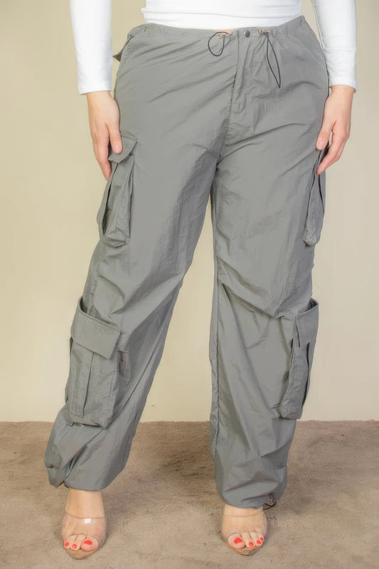 Plus Size Flap Pockets Drawstring Ruched Parachute Pants - Body By J'ne