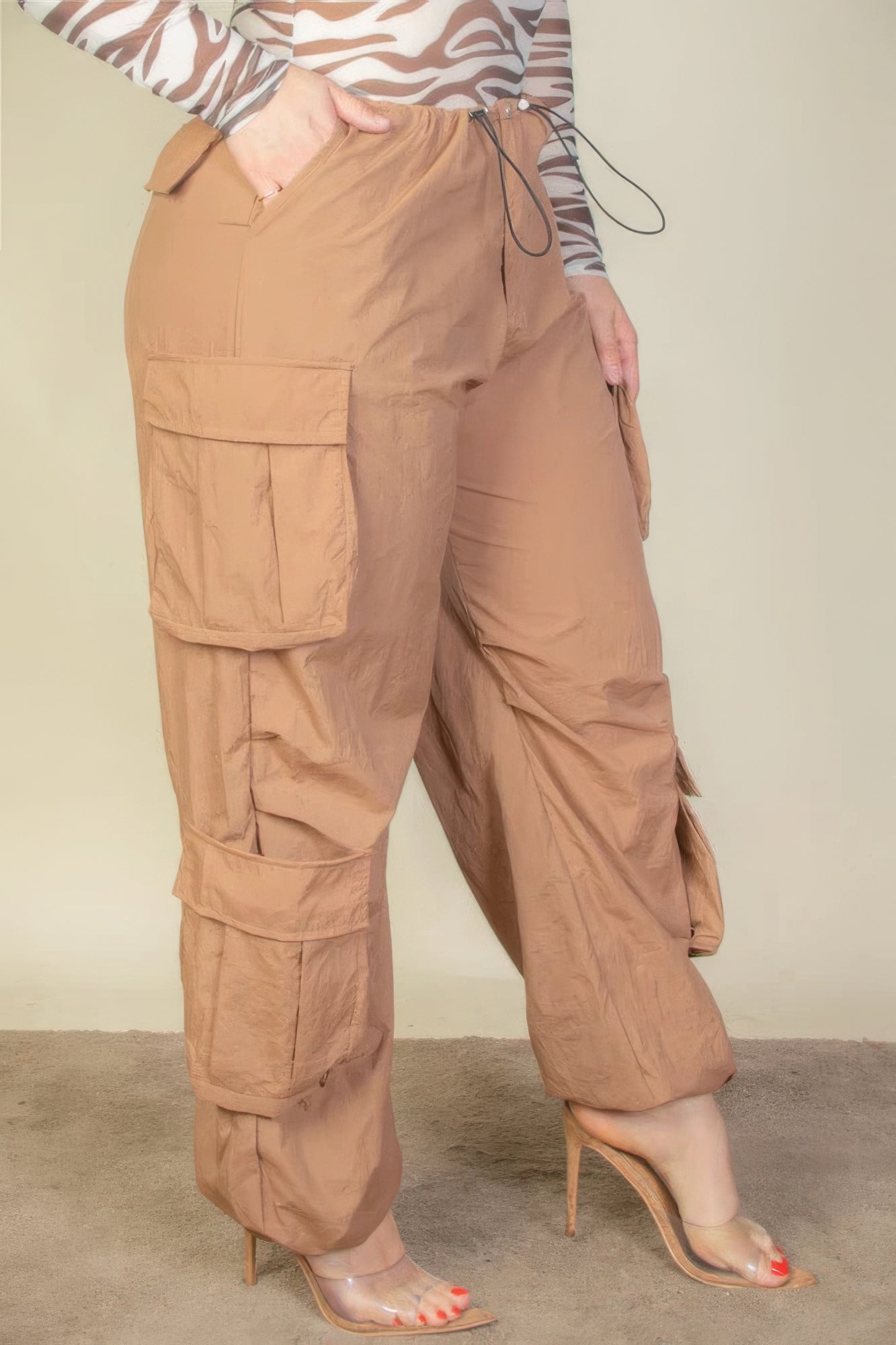 Plus Size Flap Pockets Drawstring Ruched Parachute Pants - Body By J'ne