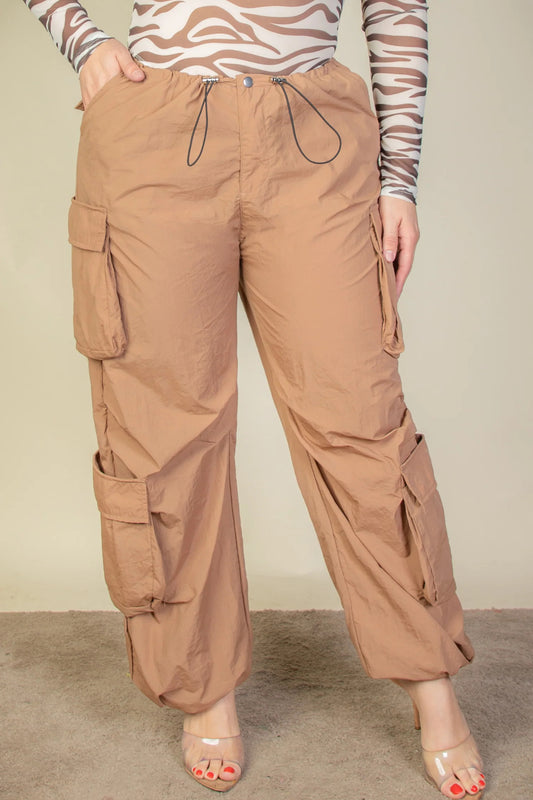 Plus Size Flap Pockets Drawstring Ruched Parachute Pants - Body By J'ne