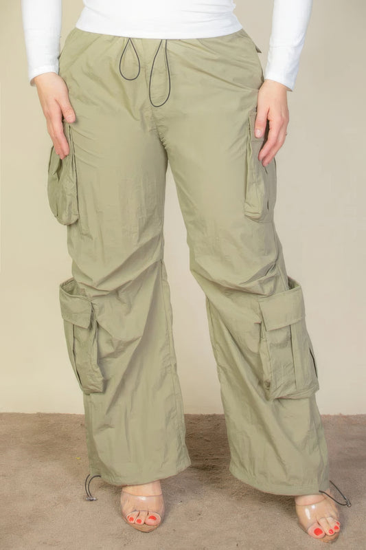 Plus Size Flap Pockets Drawstring Ruched Parachute Pants - Body By J'ne