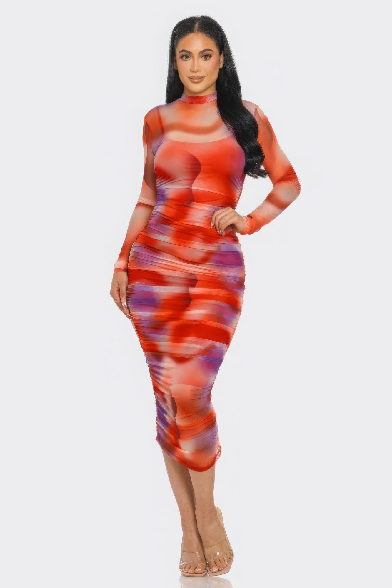 Summer Heat Print Mesh Ruched Midi Dress - Body By J'ne