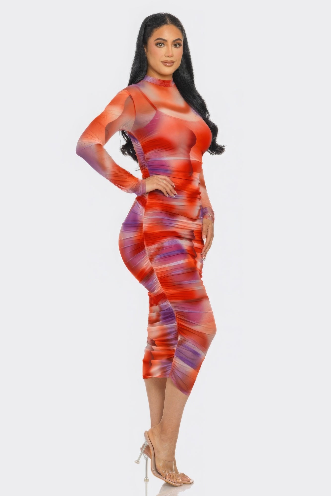 Summer Heat Print Mesh Ruched Midi Dress - Body By J'ne