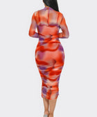 Summer Heat Print Mesh Ruched Midi Dress