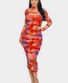 Summer Heat Print Mesh Ruched Midi Dress