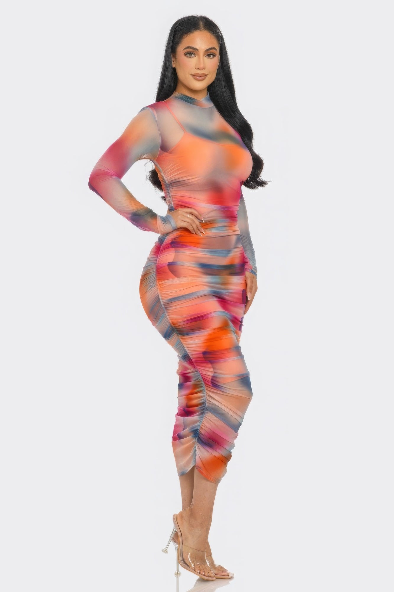 Summer Heat Print Mesh Ruched Midi Dress - Body By J'ne