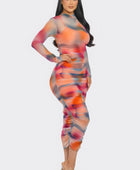 Summer Heat Print Mesh Ruched Midi Dress