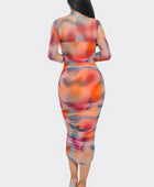 Summer Heat Print Mesh Ruched Midi Dress