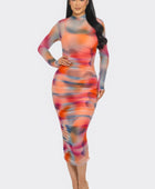 Summer Heat Print Mesh Ruched Midi Dress