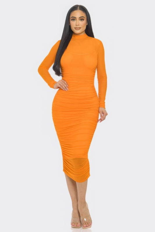 Solid Mesh Ruched Midi Dress - Body By J'ne