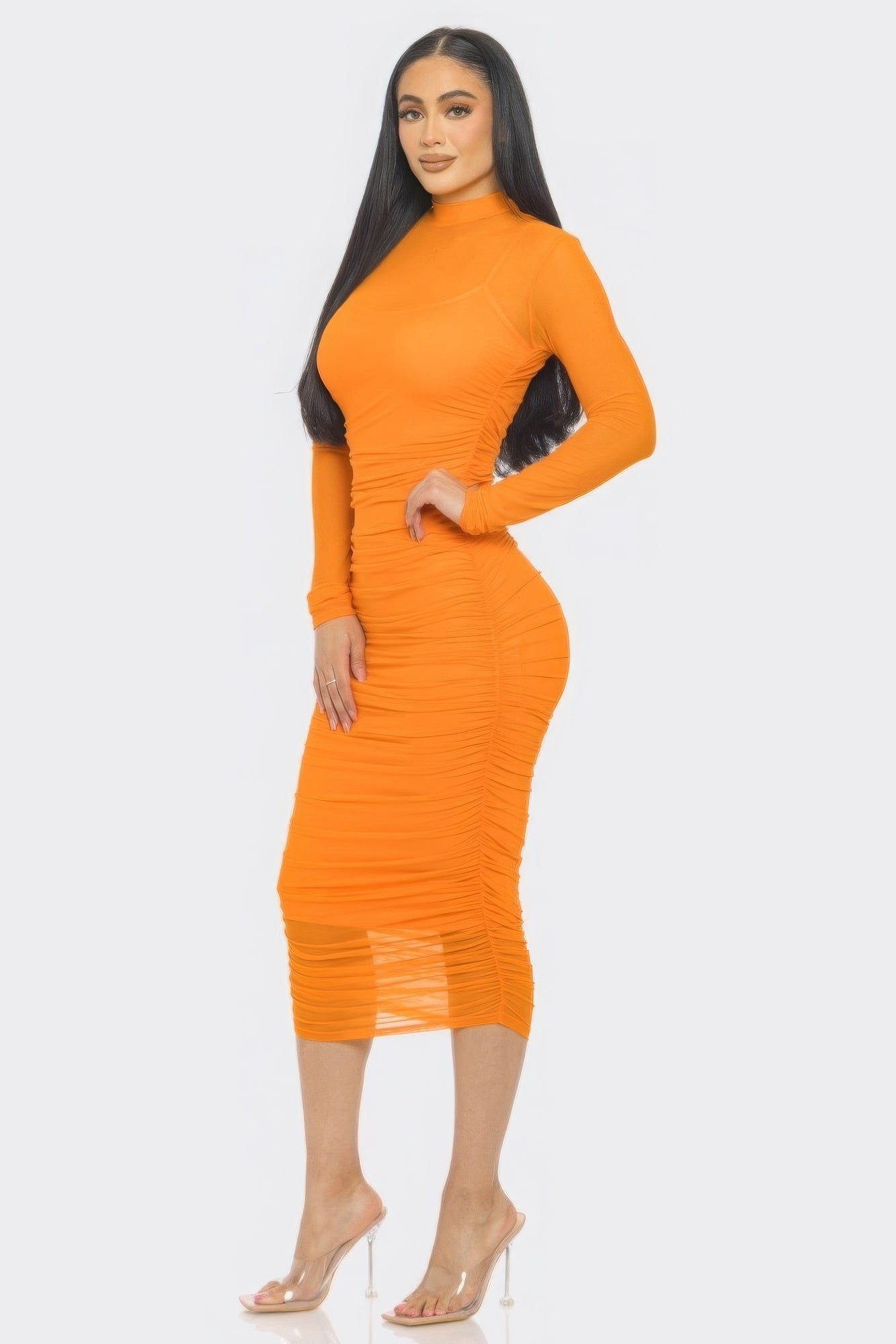 Solid Mesh Ruched Midi Dress - Body By J'ne