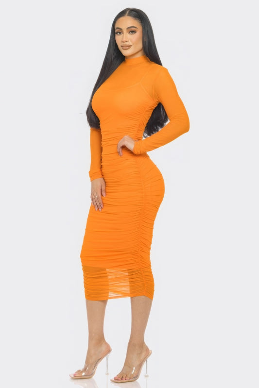 Solid Mesh Ruched Midi Dress - Body By J'ne