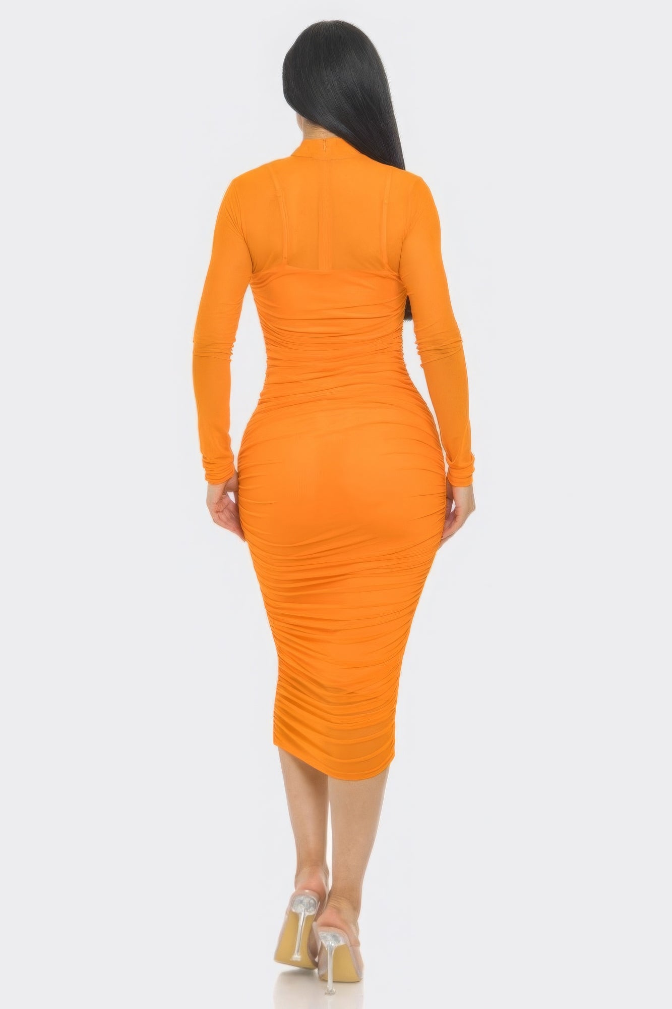 Solid Mesh Ruched Midi Dress - Body By J'ne