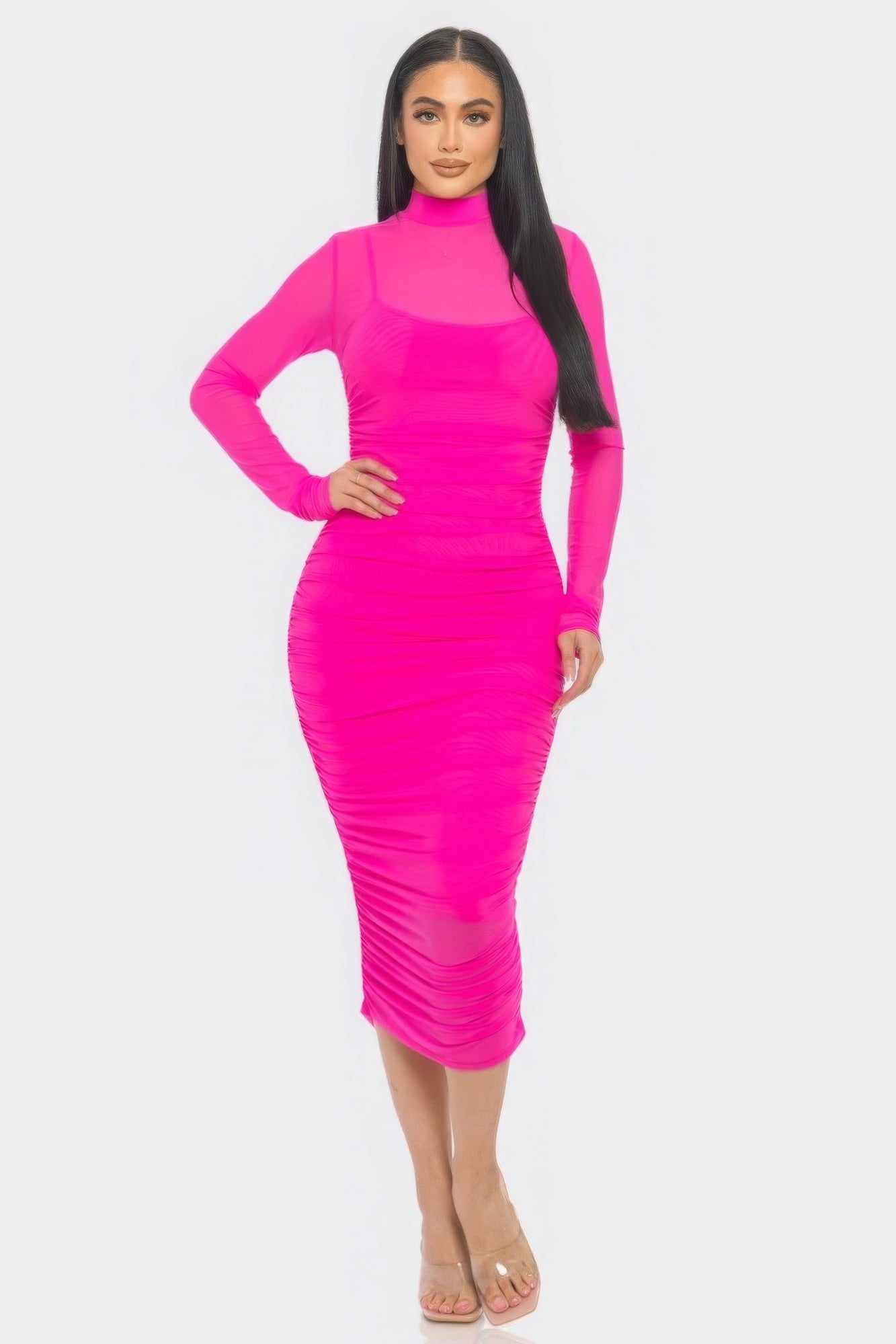 Solid Mesh Ruched Midi Dress - Body By J'ne