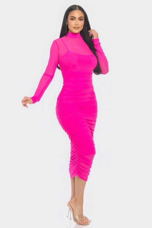 Solid Mesh Ruched Midi Dress - Body By J'ne