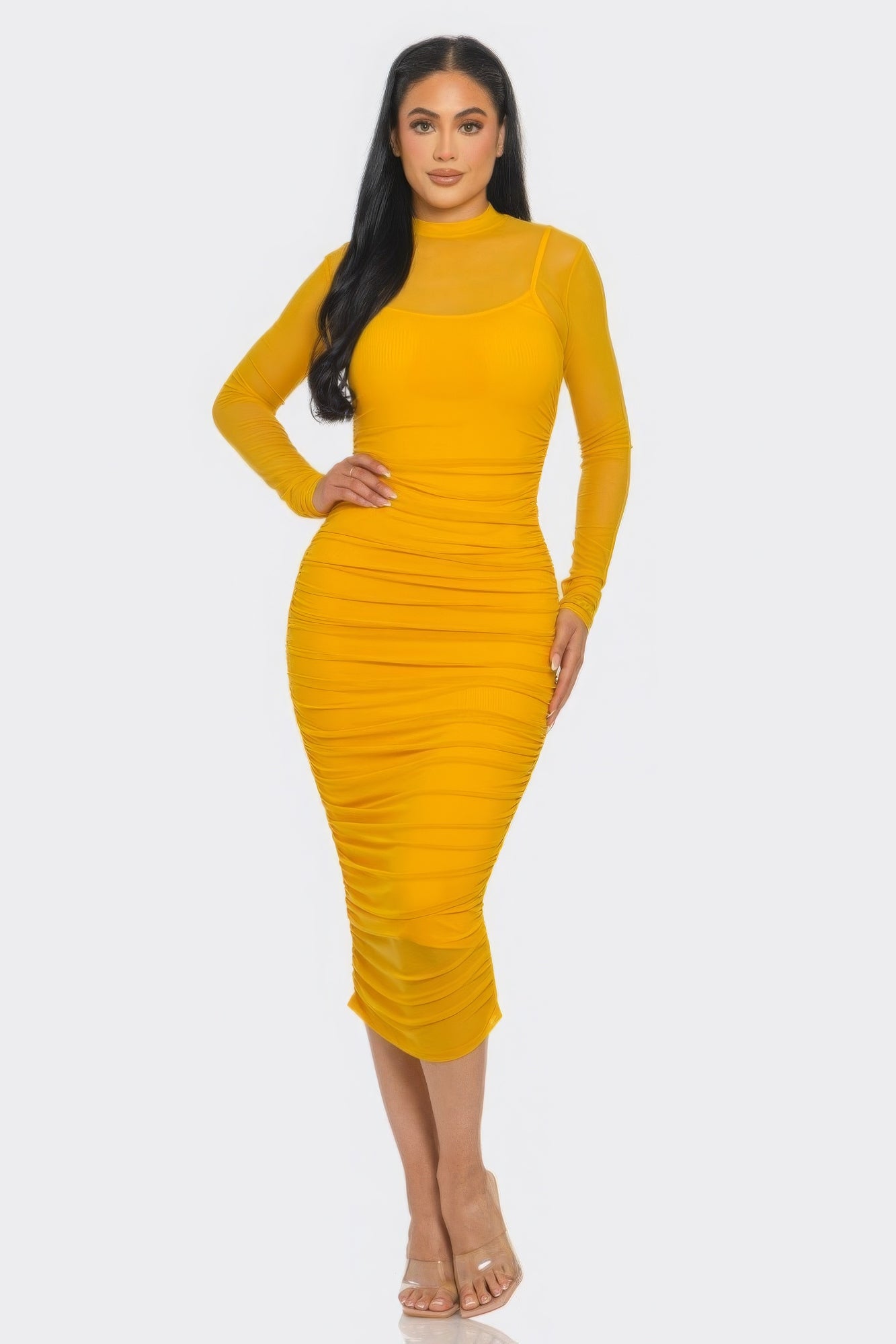 Solid Mesh Ruched Midi Dress - Body By J'ne
