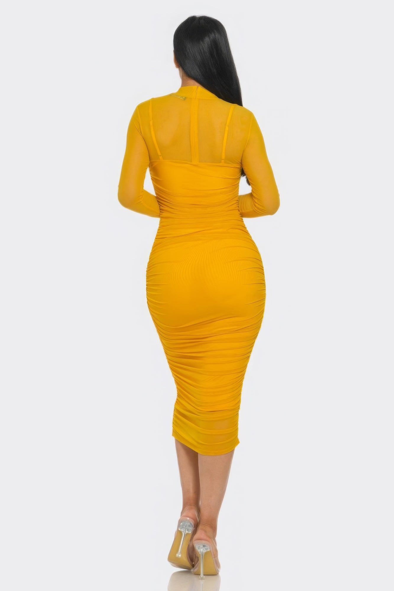 Solid Mesh Ruched Midi Dress - Body By J'ne