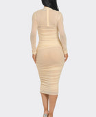 Solid Mesh Ruched Midi Dress