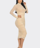 Solid Mesh Ruched Midi Dress