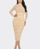 Solid Mesh Ruched Midi Dress