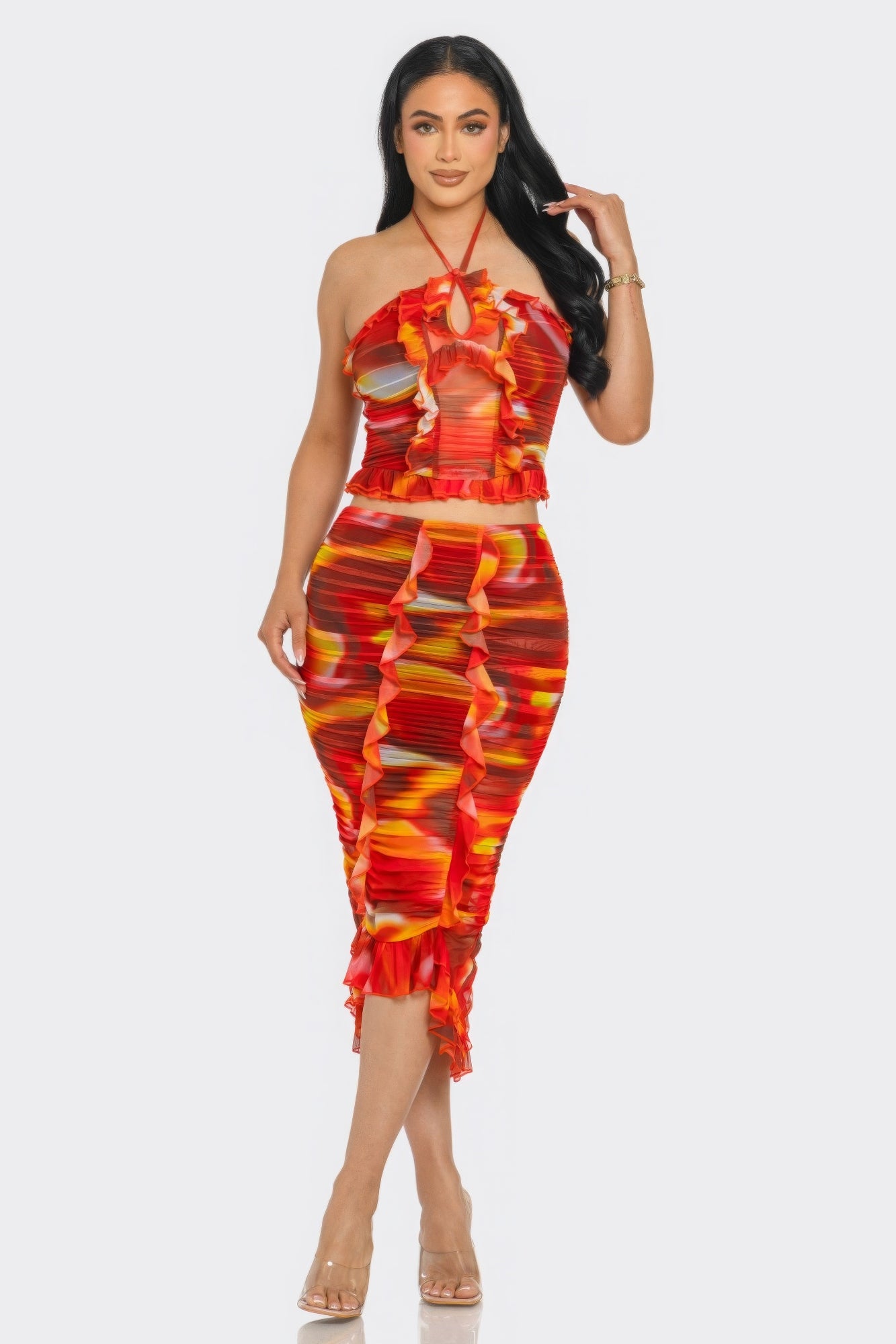 Tropical Waters Print Mesh Ruffle Halter Skirt Set - Body By J'ne