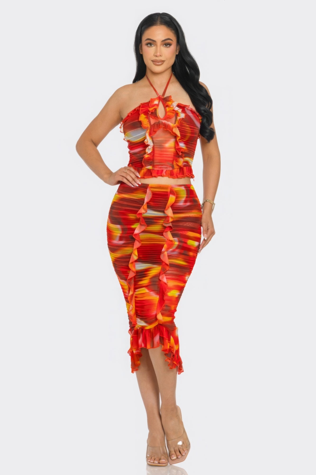 Tropical Waters Print Mesh Ruffle Halter Skirt Set - Body By J'ne