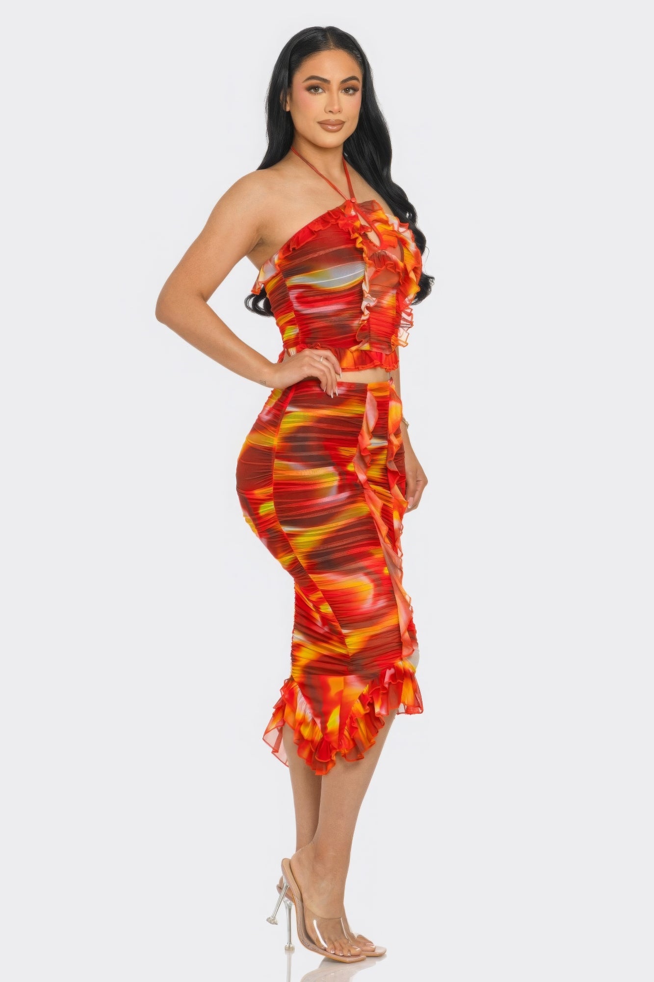 Tropical Waters Print Mesh Ruffle Halter Skirt Set - Body By J'ne