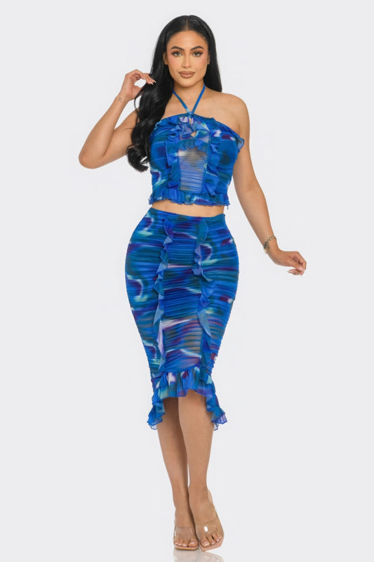 Tropical Waters Print Mesh Ruffle Halter Skirt Set - Body By J'ne
