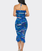Tropical Waters Print Mesh Ruffle Halter Skirt Set