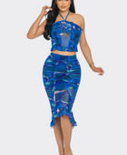Tropical Waters Print Mesh Ruffle Halter Skirt Set