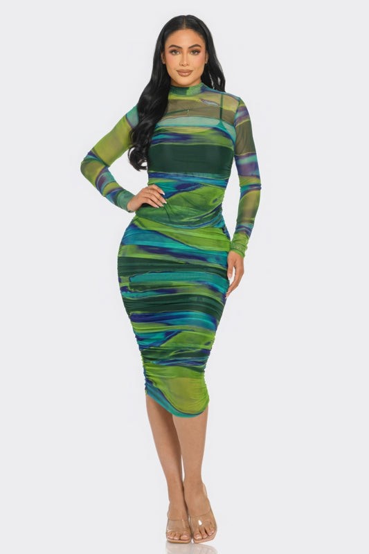 Glitch Print Mesh Ruched Midi Dress - Body By J'ne