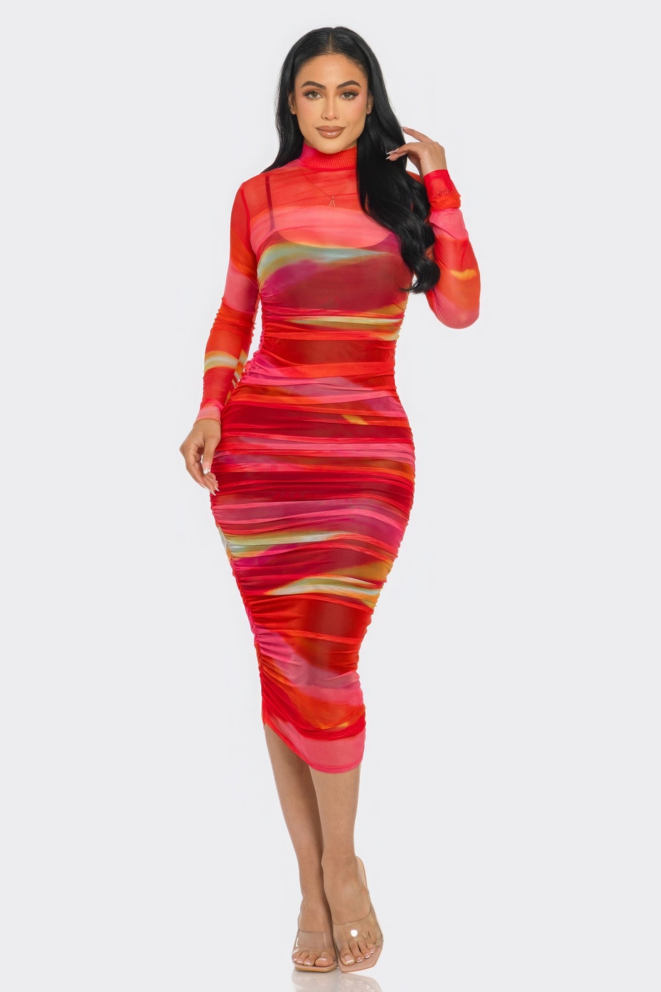 Glitch Print Mesh Ruched Midi Dress - Body By J'ne