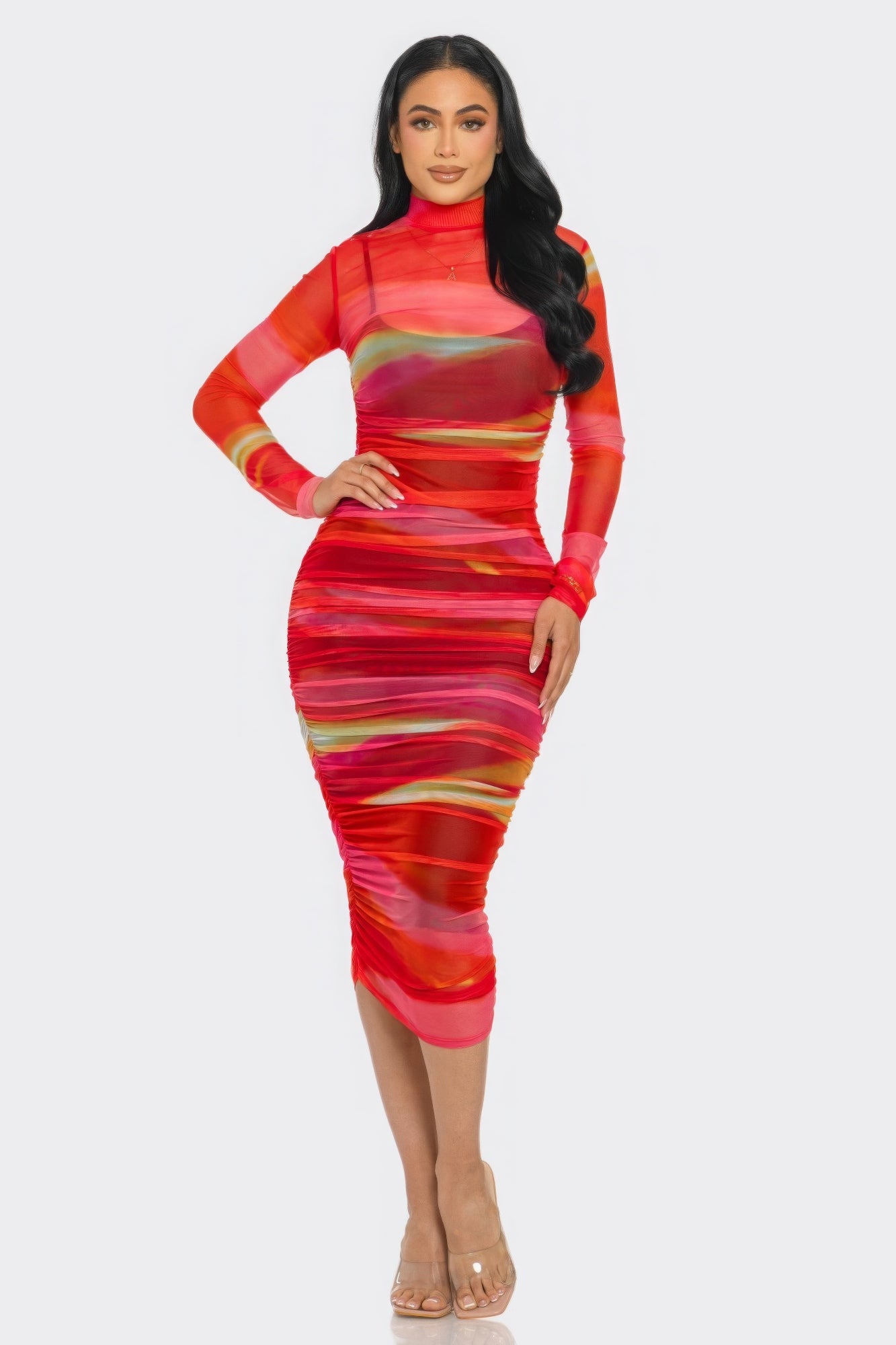Glitch Print Mesh Ruched Midi Dress - Body By J'ne