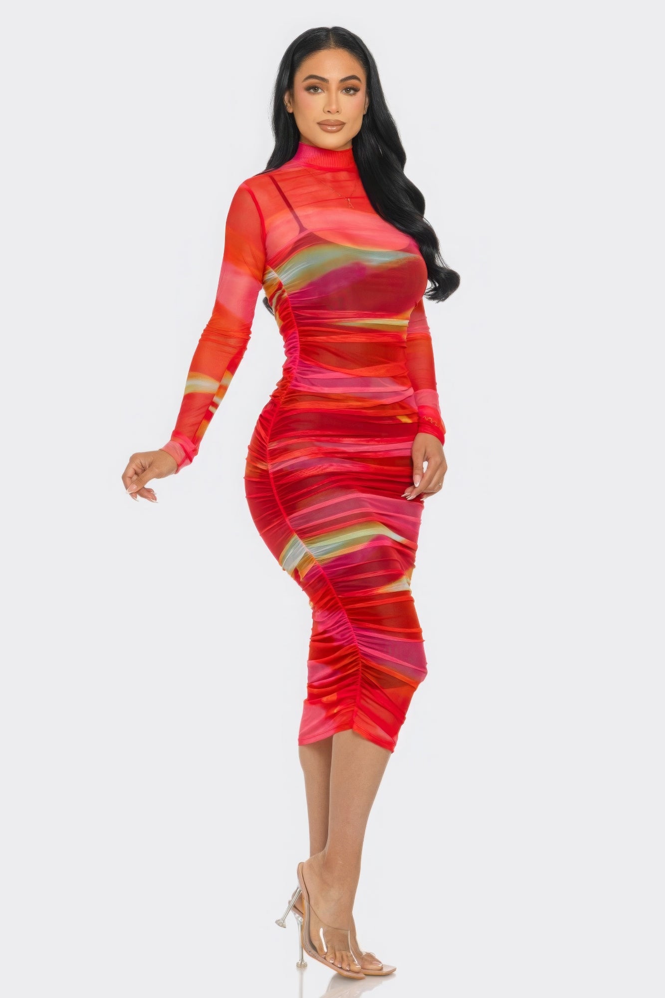 Glitch Print Mesh Ruched Midi Dress - Body By J'ne