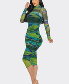 Glitch Print Mesh Ruched Midi Dress