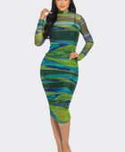 Glitch Print Mesh Ruched Midi Dress