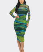 Glitch Print Mesh Ruched Midi Dress