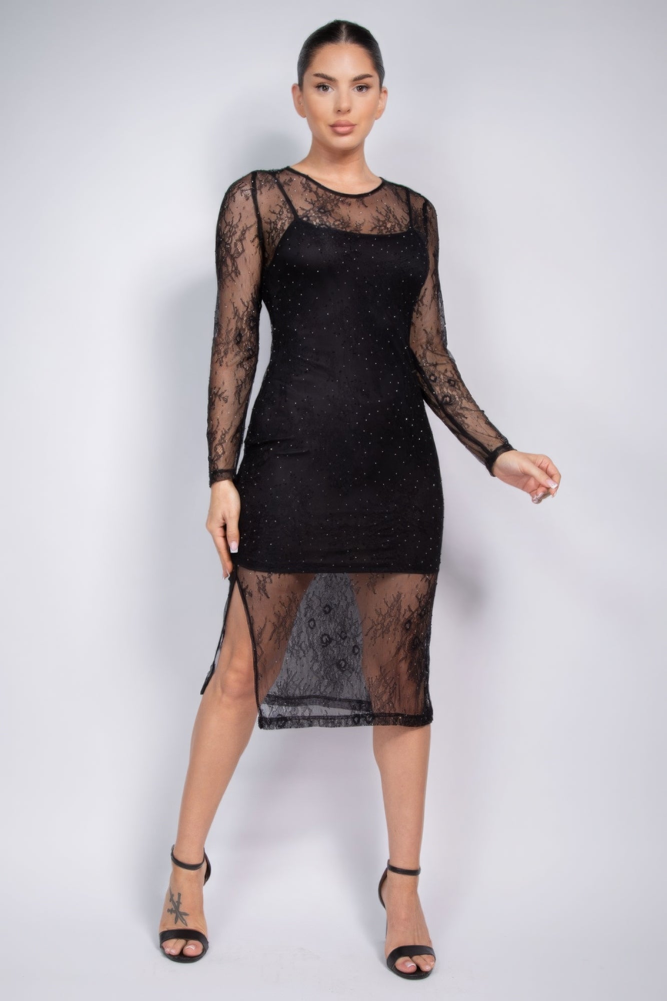 Lace Rhinestone-studded Slit Midi Dress - Body By J'ne