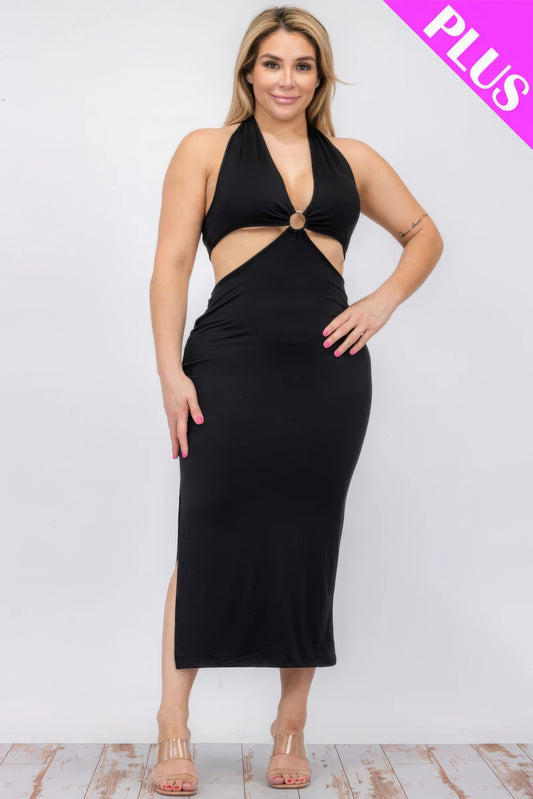 Plus Size Cut-out Halter Neck Double Back Tie Split Thigh Midi Dress - Body By J'ne